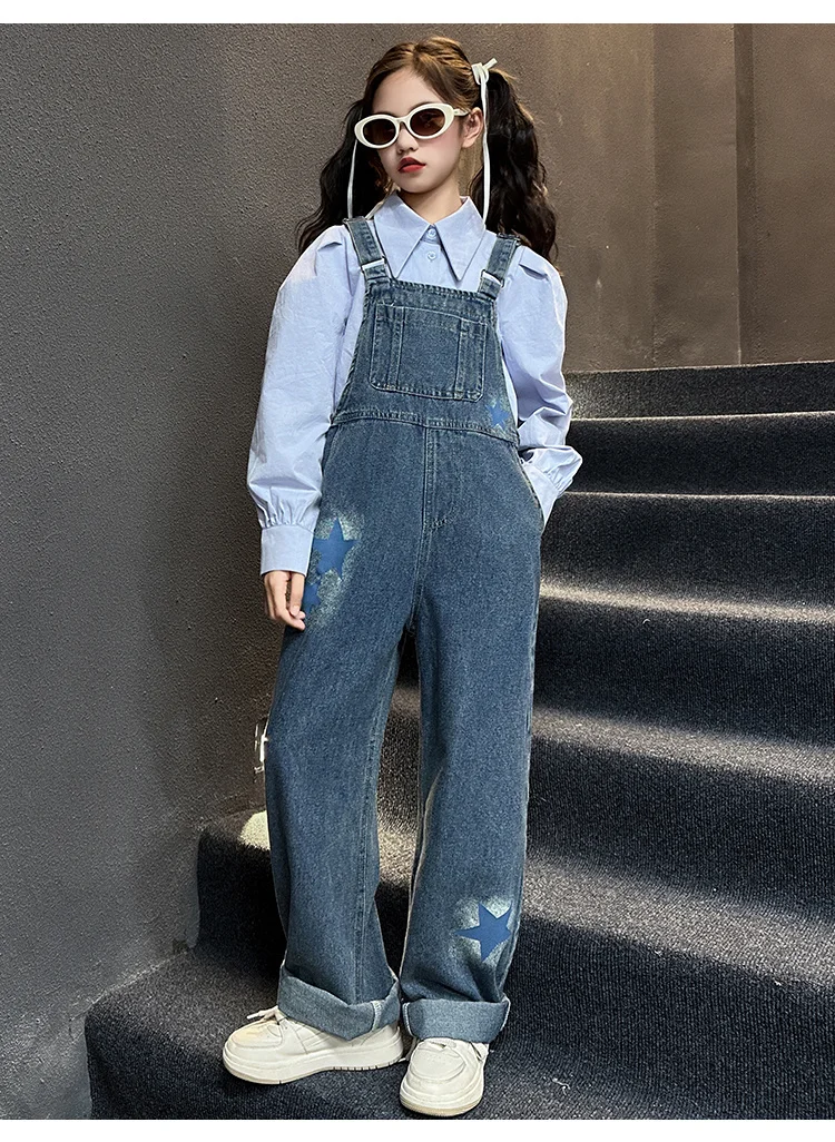 Modische Kinder-Jeans-Overalls für Babymädchen, Blaue Denim-Latzhose mit Trägern, Größe 5 6 7 8 9 10 11 12 13 14 – Detail 6