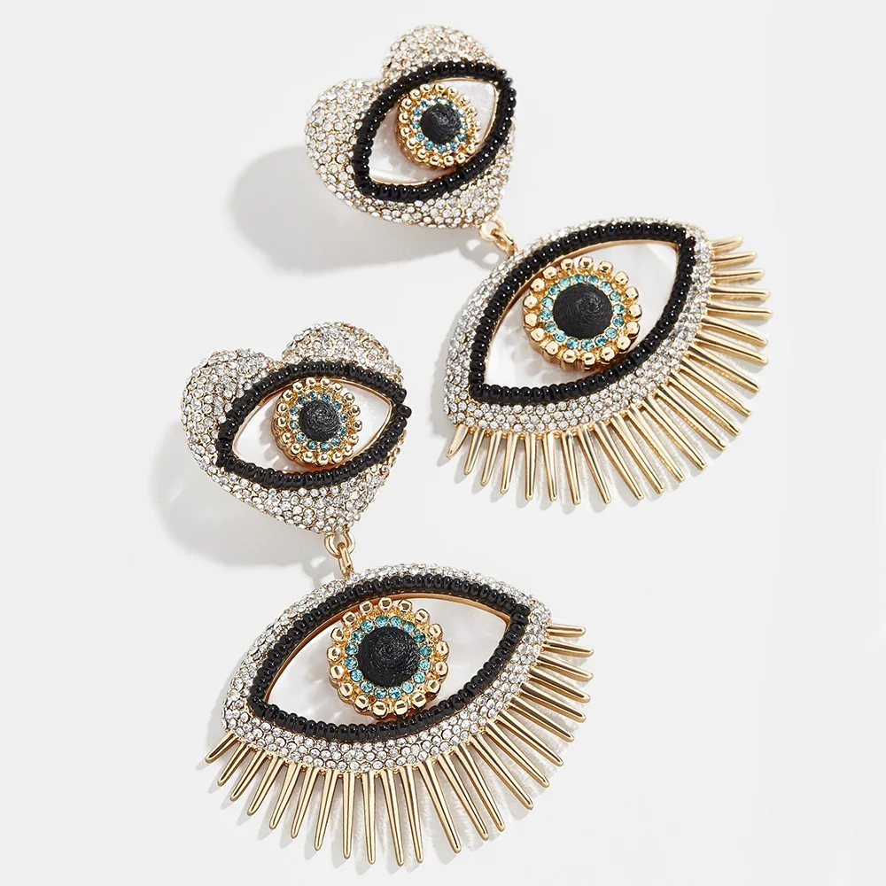 Ethnic Rhinestone Evil Eye Drop Earrings for Women Vintage Love Heart Shape Statement Dangle Earring Banquet Jewelry