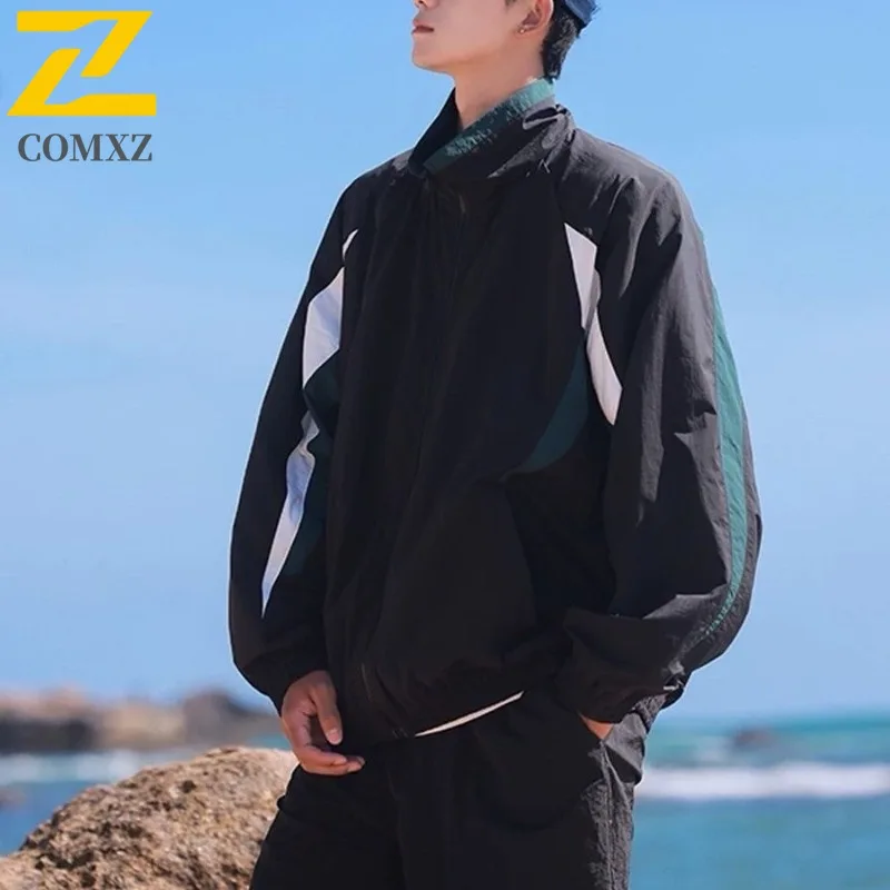 

COMXZ 2025 New Coat Men Spring Autumn Stripe Stand Collar Jacket Loose Fit Workwear Coat Running Sport Color Block Casual 2025