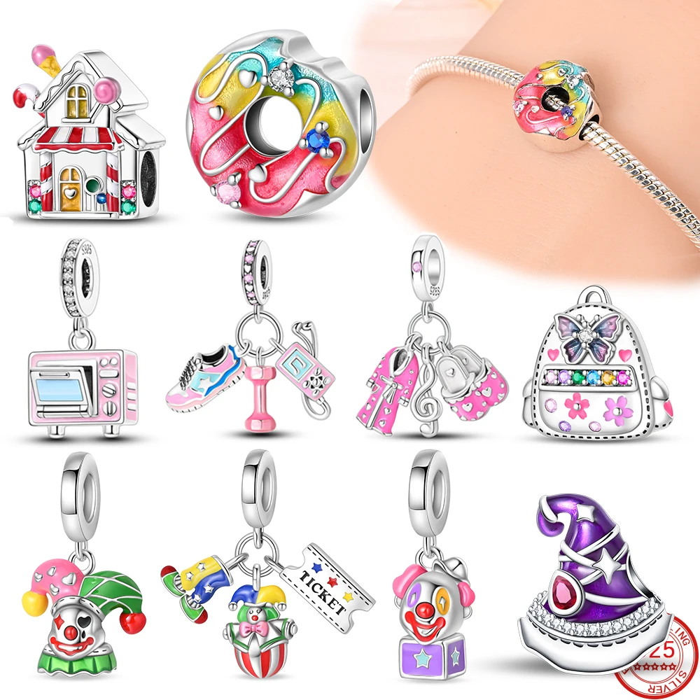 Christmas 925 Sterling Silver Rainbow Candy House Donut Clown Adventure Bag Magic Hat Pendant DIY Women's Bracelet Jewelry Gift