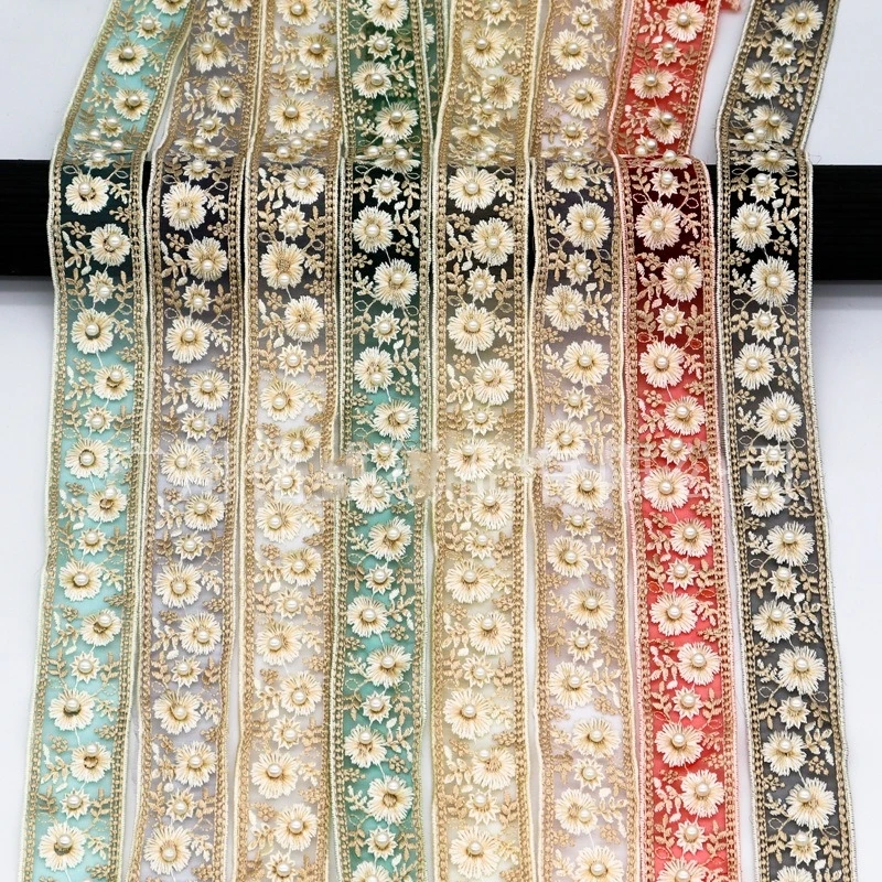 1 Yards Embroidery Lace Trim Pearl Beaded Ribbon Garment Wedding Dress Decor Trimming DIY Accessory