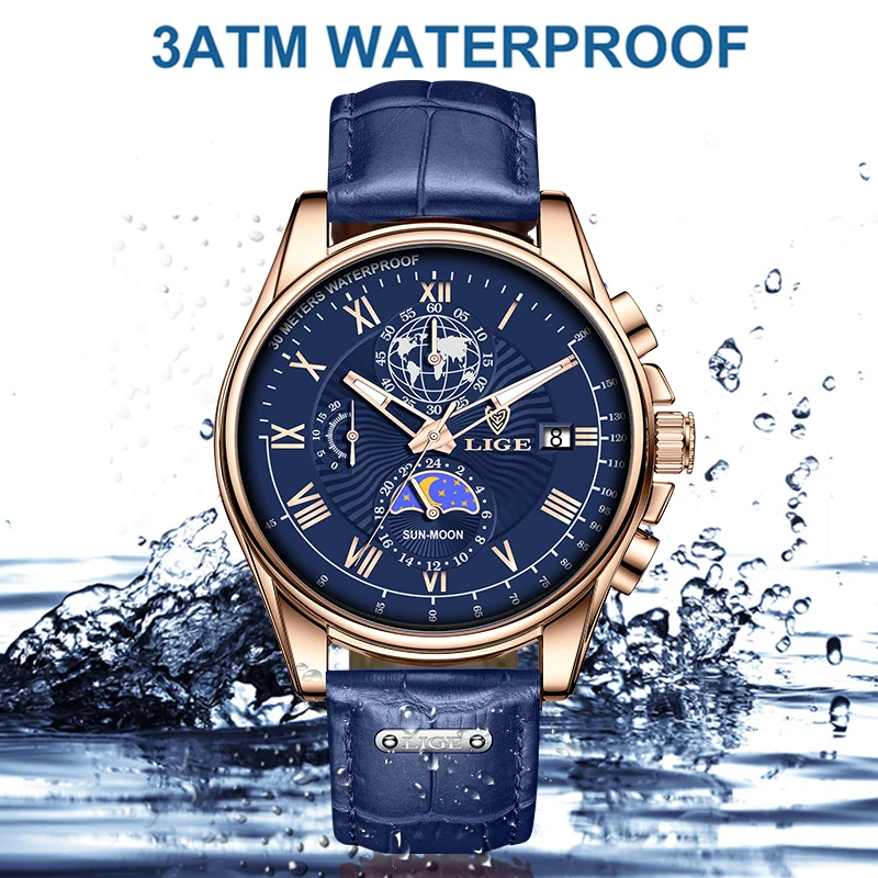 Blue Watch LIGE Men Luxury Watch Leather 30M Waterproof Sports Quartz Wristwatch Chronograph Watch for Men Relogio Masculino+Box