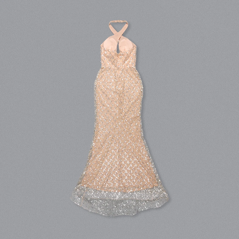 Impresionante vestido largo halter adornado con cristales: vestido transparente sexy con escote en V profundo para un vestido de fiesta de noche glamoroso