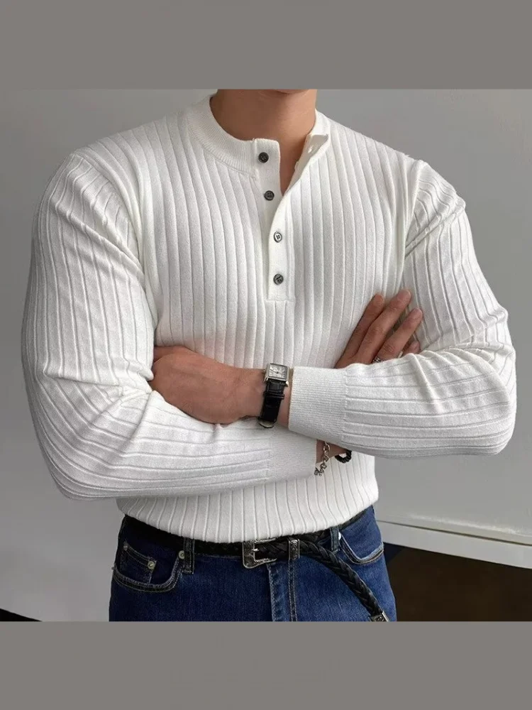 

Spring Autumn Henry Collar Long Sve Knitted Sweater Slim Fit Men's T-irt Faionable Versatile Soft Polyester Fiber