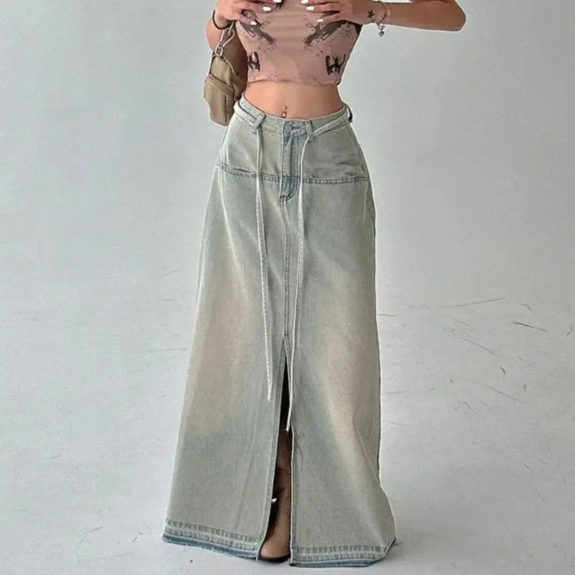 Denim feminino saias longas, fenda, renda para cima, cintura alta, vintage, elegante, sexy, streetwear de verão, clássico, Y2k, moda feminina, estilo europeu