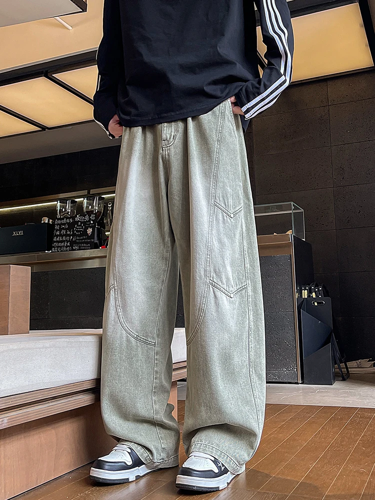 بنطال جينز مستقيم واسع الساق للرجال على الموضة الكورية بخصر مطاطي مغسول من قماش الدنيم جينز فضفاض غير رسمي للشارع #5