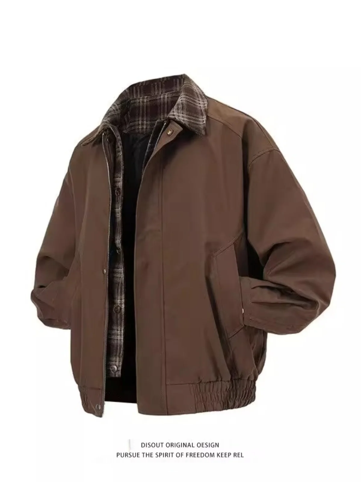 

Мужская куртка-бомбер в американском ретро-стиле, коричневая, весна-осень, с эффектом двухслойности, воротник-стойка, из полиэстера и хлопка