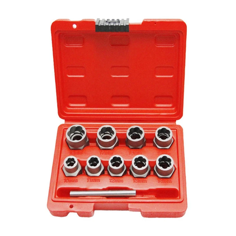 10Pc Nut Extractor 1/2 Square Hole Air Cannon Electric Wrench Use Sliding Nut To Remove Red Box Tool Set