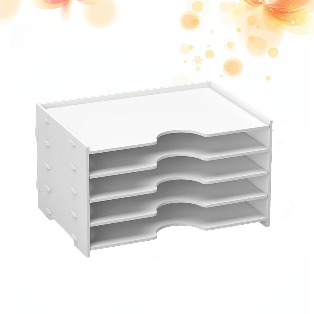 Organizer Penyimpanan Desktop 4 Lapis Rak File Kayu PVC Putih Rak Buku Ramah Lingkungan Rak Display Meja Solusi Rapi Penggunaan Kantor