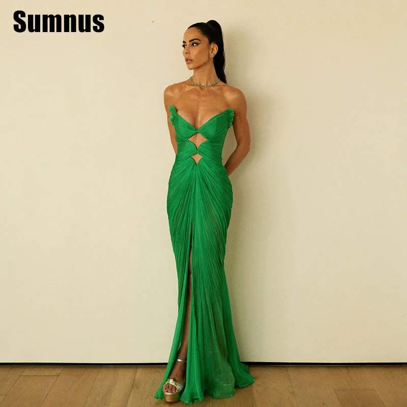 

Sumnus Charming Mermaid Green Prom Dress Sweetheart Pleats Cut-out Sleeveless Evening Dress فساتين سهرة Customized