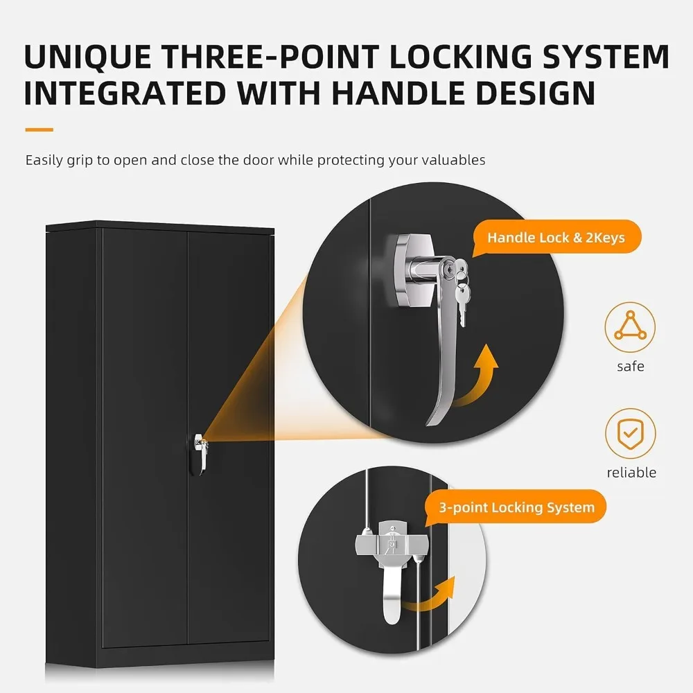 خزانة تخزين معدنية سوداء مع قفل، خزانة تخزين جراج قابلة للقفل بطول 72 بوصة مع أبواب ورفوف، خزائن للمكتب المنزلي