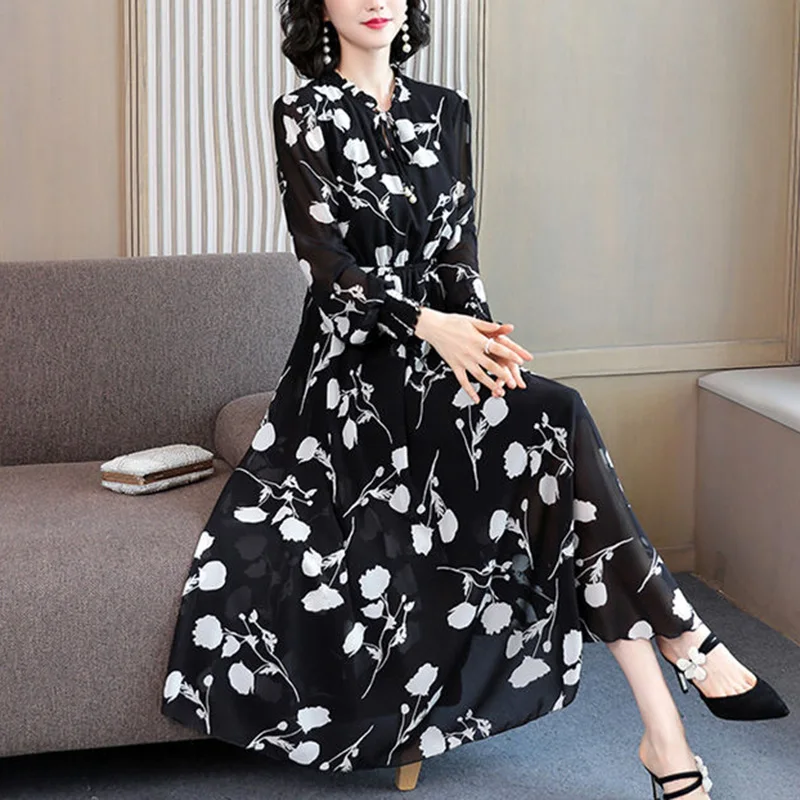 Vintage Printed Long Sleeve Lace Up Bow Midi Dress Women Clothing 2023 Autumn New Oversized Loose Office Lady Floral Dress