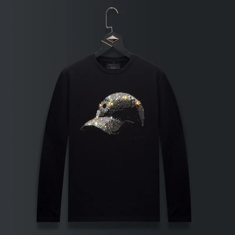 

Plus Size O Neck Long Sleeve T Shirts Men Top Fashion Streetwear Hat Pattern Rhinestones Mercerized Cotton Tshirts Mens Clothing