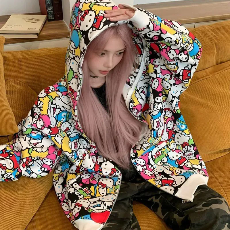 

American Cartoon Printed Hello Kittys Hoodie Cardigan Sweatshirt Women Loose Casual Hooded Zipper Jacket Y2K Girl Tops Out Wear