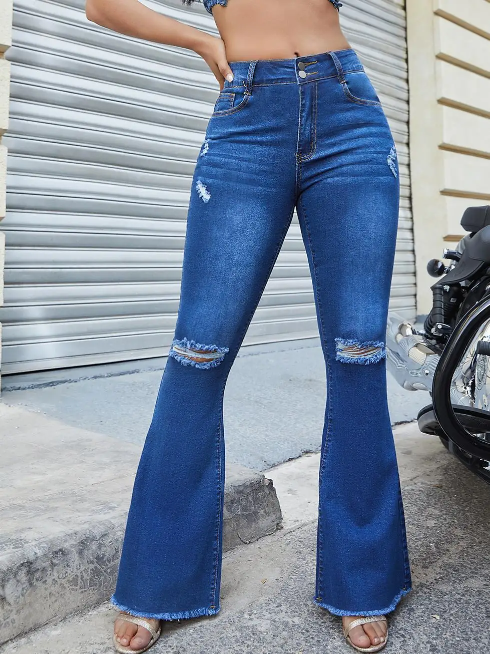 

Women Flare Jeans Ripped Holes Bell Bottom Trousers Tassel Cuffs Denim Pants Stylish Washed Solid Jeans for Office Party Blue