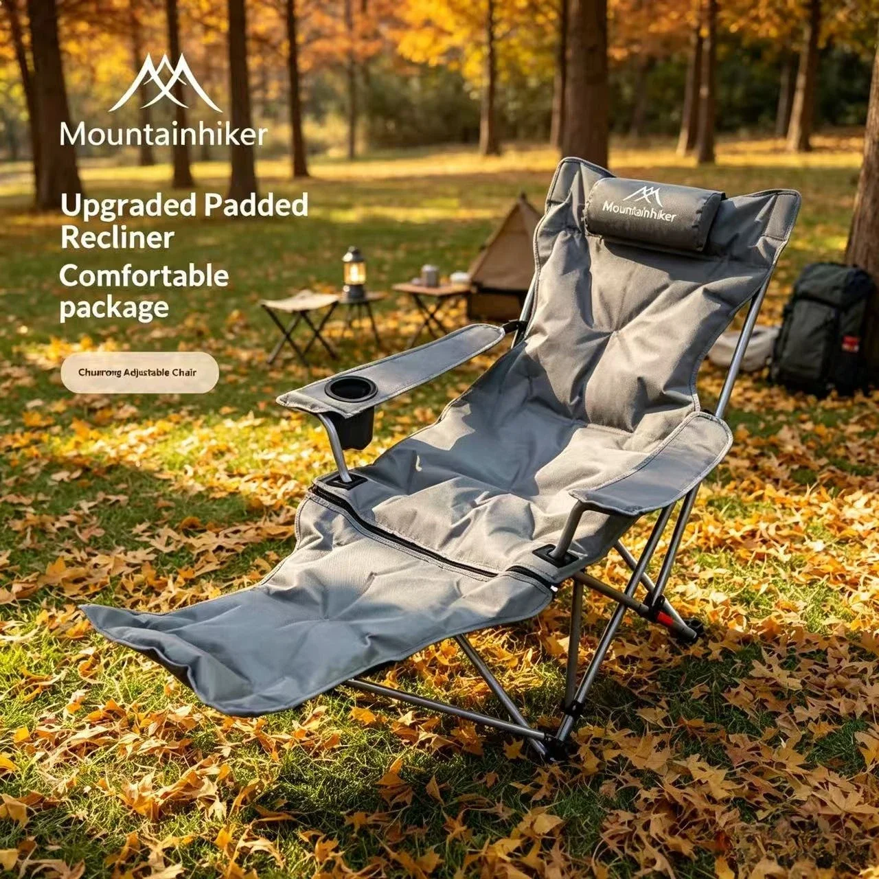 Mountainhiker A lightweight, Foldable Camping Lounge Chair with an Adjustable Backrest and Footrest, Perfect for Beach Use.