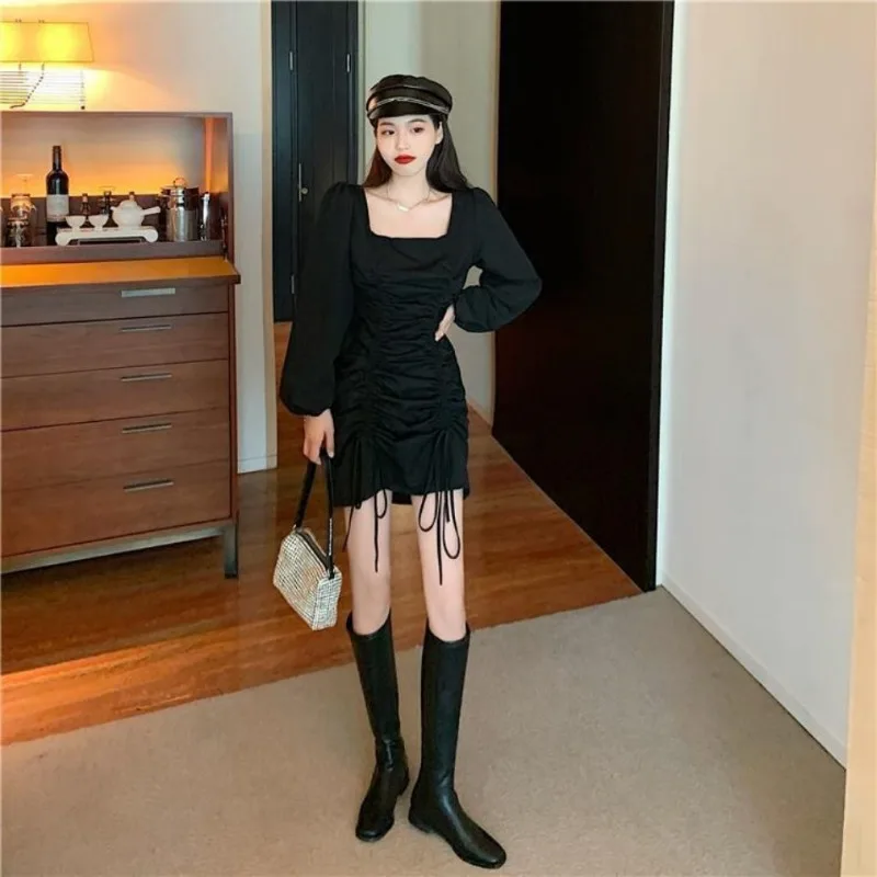 Black Bodycon Korean Style Puff Sleeves Women's Long Sleeve Dresses Plain Hot Sensual Sexy Elastic One-piece Y2k Female Dress