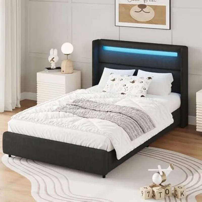 home.Twin Bed Frame with LED Lights, Boucle Upholstered Platform Bed with Wingback Headboard, Modern Soft Bed Frame, No B
