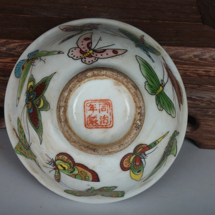 Antique Folk Kilns Of The Late Qing Dynasty And The Republic of China Pastel Enamel Butterfly Bamboo Hat Bowl Cup Tea Cup