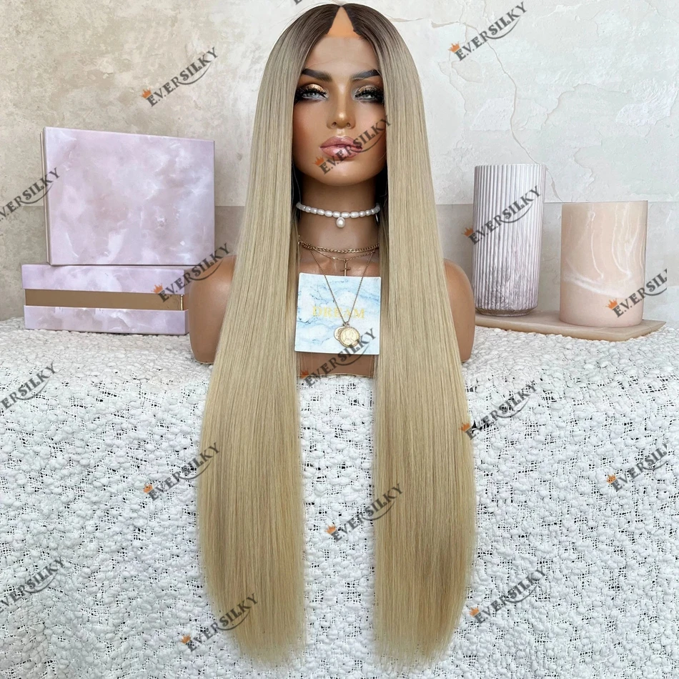 

Platinum Blonde Human Hair Bone Straight Ombre Glueless U Part Wig for Black Women Easy Wear V Part Human Hair Wig Brazilian