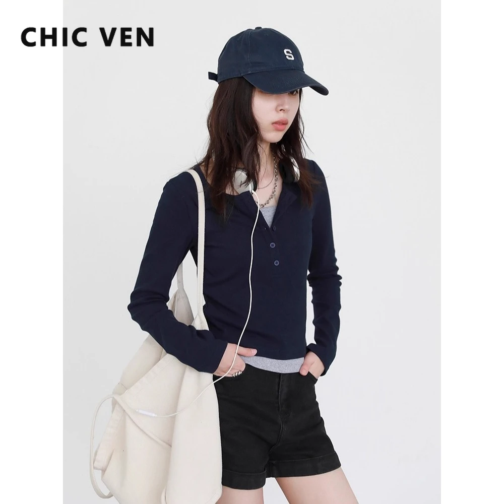 CHIC VEN Women T-Shirts Patchwork Contrast Color New Long Sleeved Pullover Knitted Tees Female Short Top Spring Autumn 2025