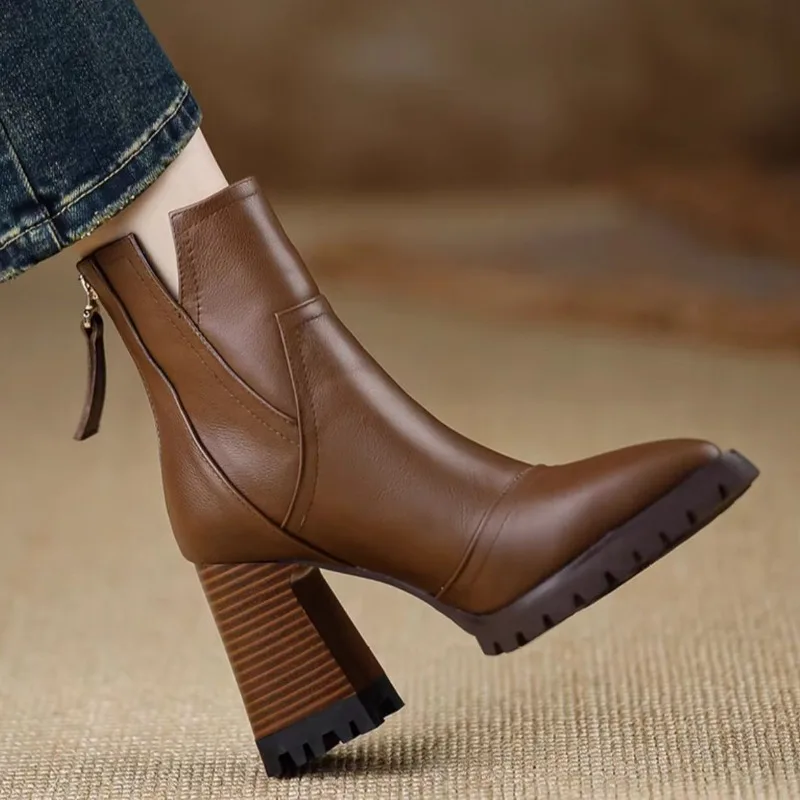 Women Fashion Ankle Boots British Style Pointed Toe High-heeled Shoes Women's Back Zipper Short Modern Boots Botines De Mujer