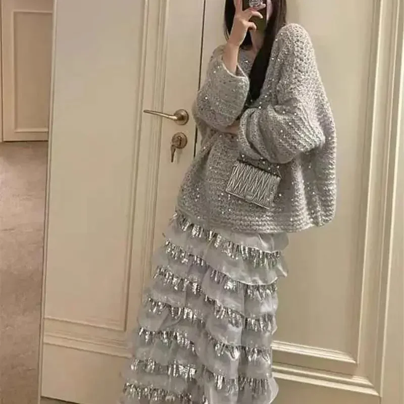 New Vintage Sequined Sweater Women Wool Knitted Hollow Out Casual Loose Long Sleeve Cashmere Pullover Jumper Female Oversized