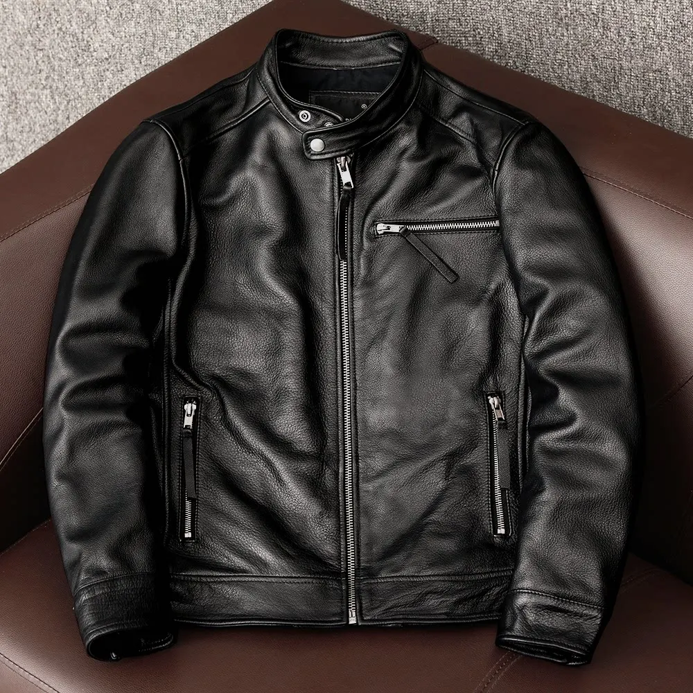 Pure first-layer soft cowhide leather slim-fitting stand-up collar leather jacket