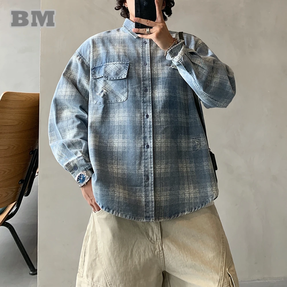 

Mens Japanese Vintage Washed Distressed Shirt Plaid Ripped Long Sleeve Korean Style Oversized Casual Tops Male Premium Quality