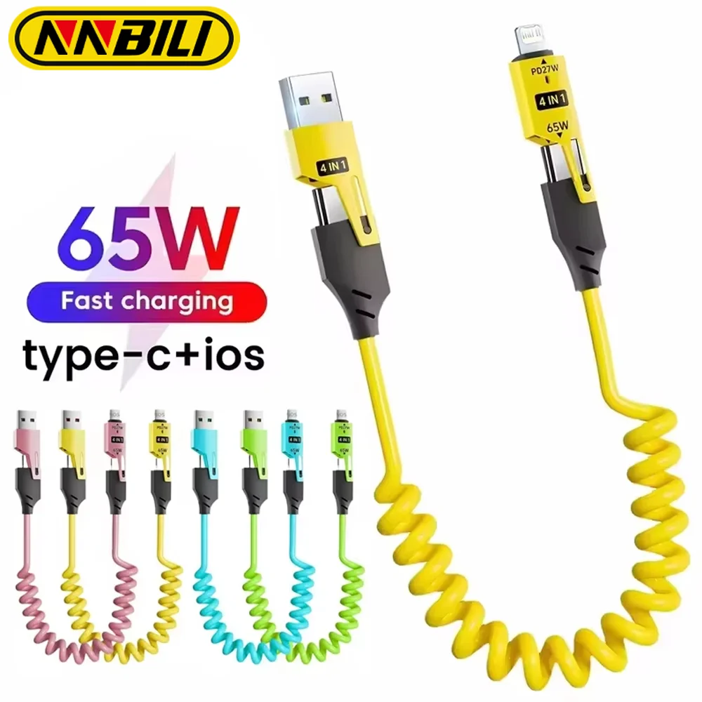 NNBILI 65W Quick Charger Spring USB Cable 4 in 1 Spring Data Cable 6A USB Type C Spring Telescopic Wire for iPhone iPad MacBook