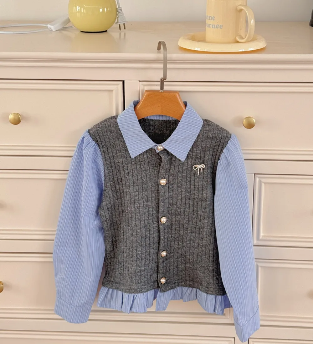 Autumn baby girl clothes kids tops baby false two-piece school school Knitted patchwork shirt top fashion clothes