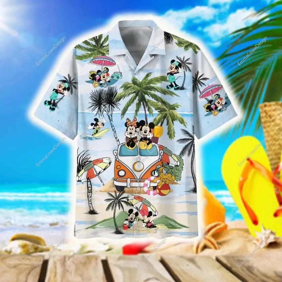 Camisa havaiana mickey mouse, camisa de praia manga curta, shorts disney viagem, verão, novo