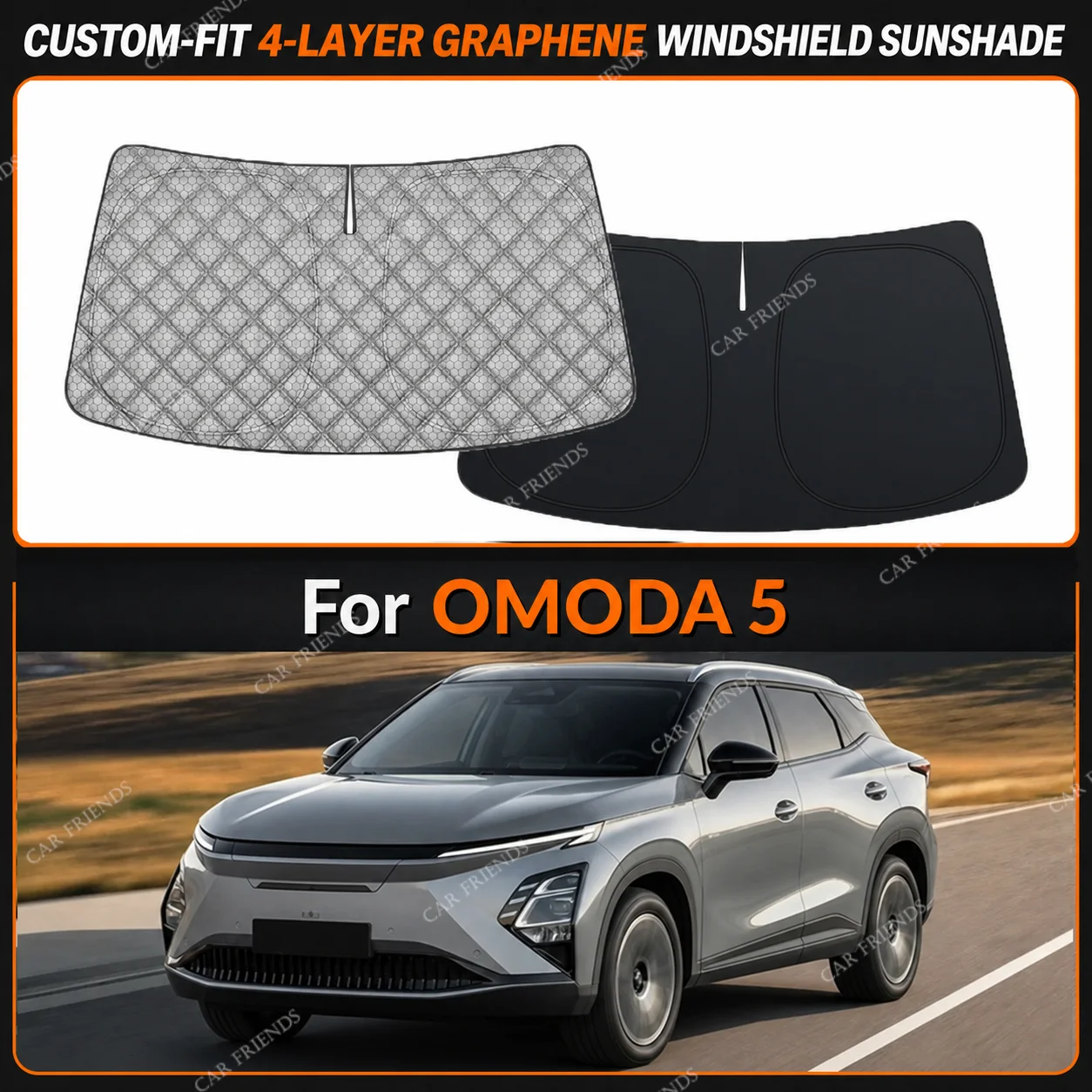 For OMODA 5 Custom-Fit 4-Layer Graphene Windshield Sunshade Reflective Gray-Silver Surface Helps Reduce Direct Sunlight