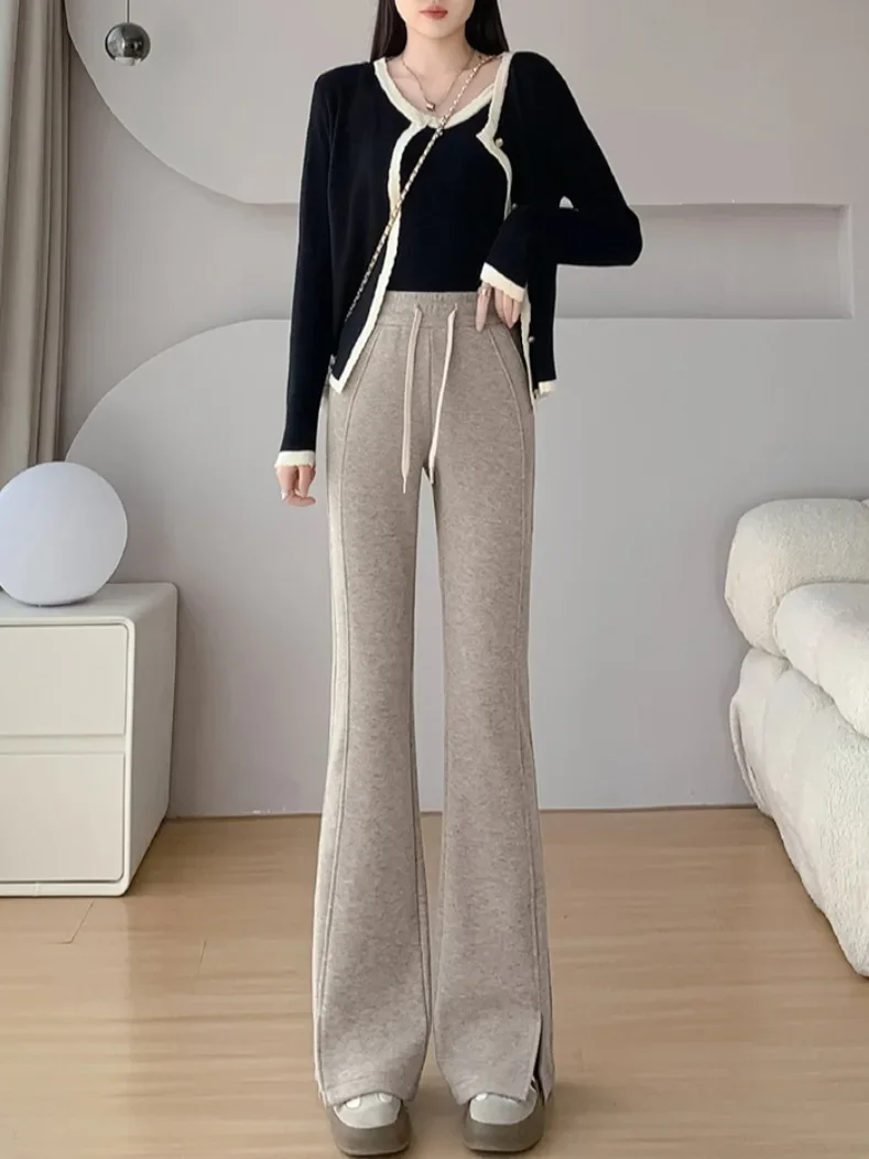 

High Waist Flared Pants Women's Spring New plus Size Fleece Wide Leg Straight Cut Trousers Commute Sle Korean Version E8592