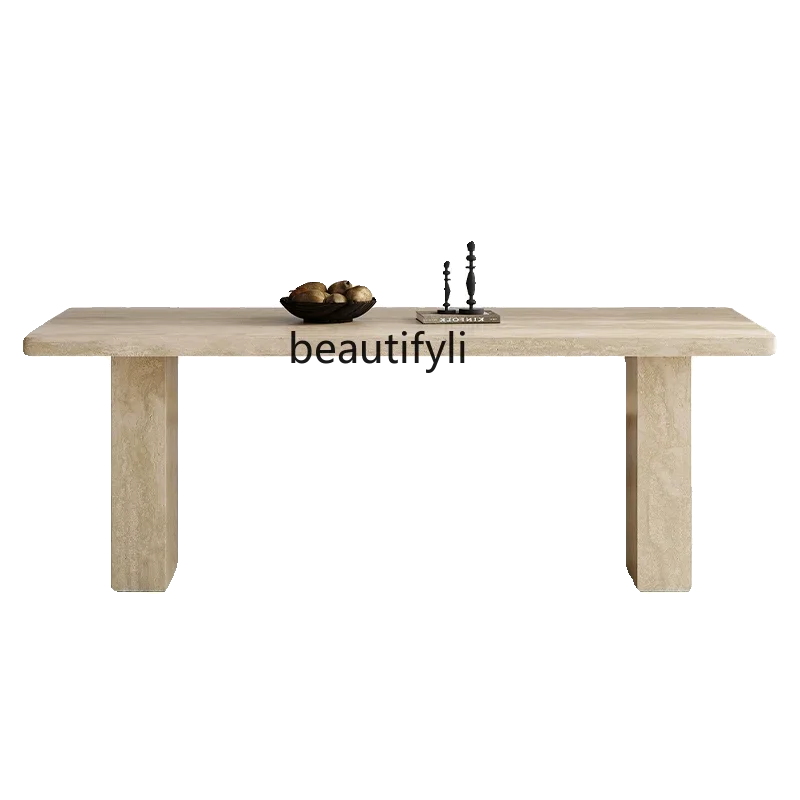 

French retro travertine rock slab dining table and chair combination modern home designer medieval dining table