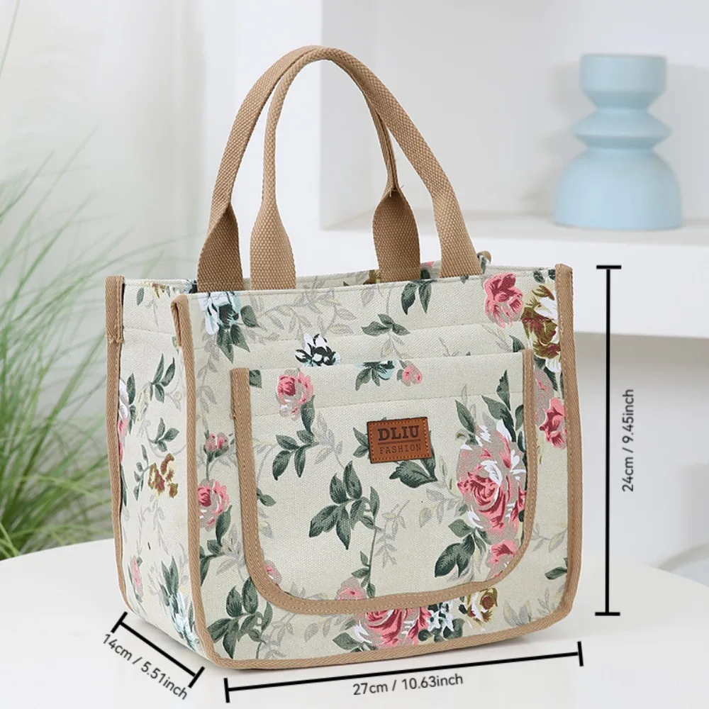 Aesthetic Floral Print Lunch Bag Insulated Large Capacity Lunch Bag Thermal Cooler Handbag For School Work Travel Picnic