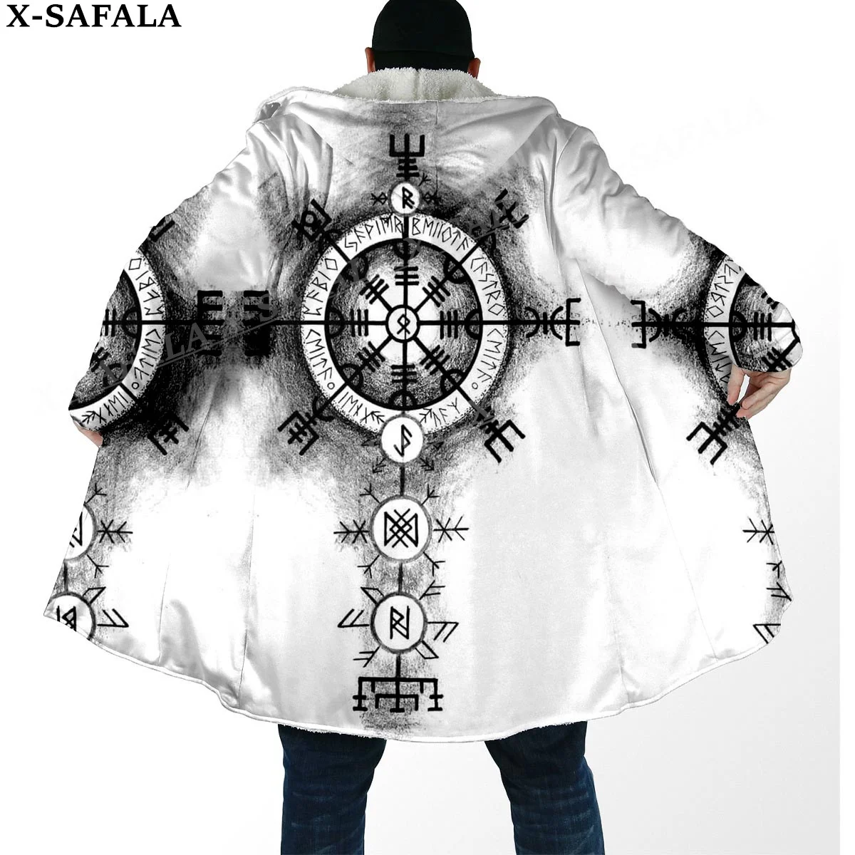 Viking Line Tattoo Symbol Totems Thick Warm Hooded Cloak Men Overcoat Coat Windproof Fleece Cape Robe Hooded Blanket-4