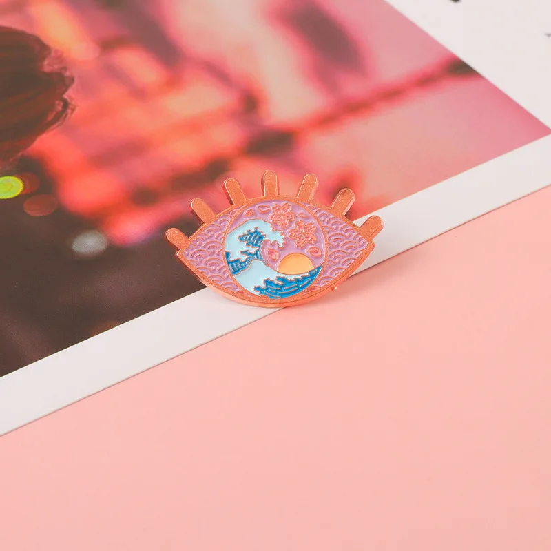 Creative Organs Pink Eyes Enamel Brooch Mountains and Waves Sun Sunrise Alloy Pins Badges Clothes Accessories Cute Women Jewelry