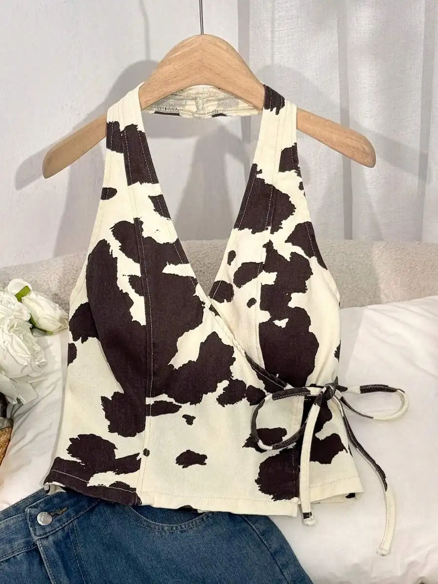 

Womens Cow Print Wrap Halter Crop Top Tie Waist Denim Summer Casual Top
