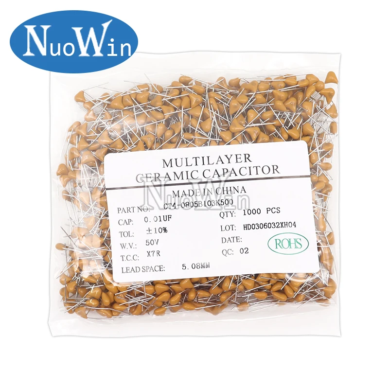 

1000PCS MLCC Monolithic Ceramic Capacitor 50V 10PF 22PF 100PF 1NF 2.2NF 4.7NF 10NF 22NF 100NF 0.1UF 1UF 2.2UF 10UF P=5.08mm