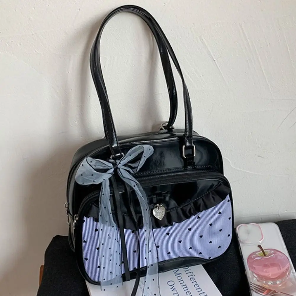

Vintage Korean Style Bow Ribbon Bowling Bag Elegant Large Capacity Boston Shoulder Bag Lace Ribbon Casual Women Handbags Travel