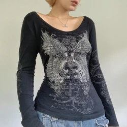 Camiseta con estampado gráfico de diamantes de imitación Retro de los años 2000, Top corto de hada estética Harajuku Grunge Y2K, moda coreana Vintage, camisetas góticas de centro comercial