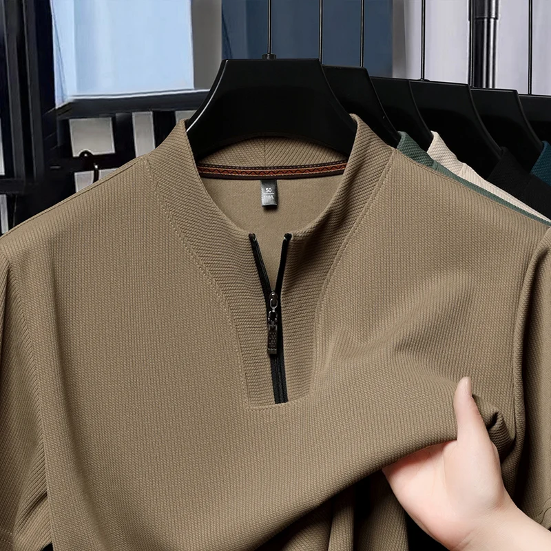 Half Zip Men's Short Sleeved T-shirt Summer Stand Up Collar Thin Hoodie Ice Silk Cool Solid Color Base Top T