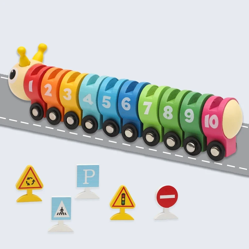 Colorful Wooden Caterpillar Train Set With Number Traffic Signs, Color Number Cognition Educational Toy As Gift