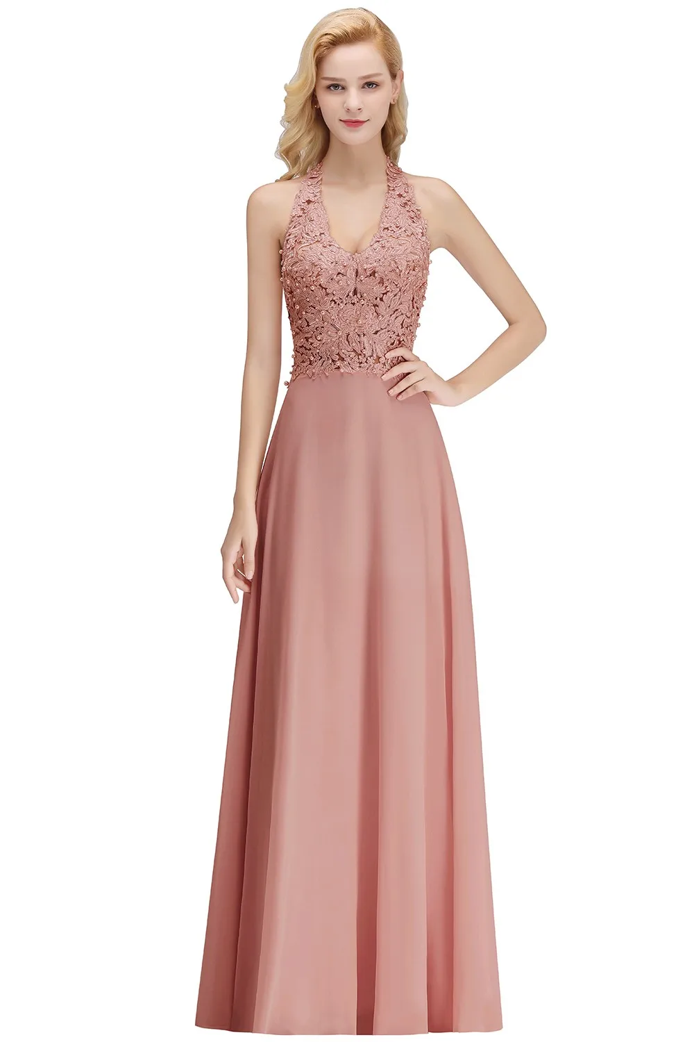 Pink Chiffon Evening Dresses Women Elegant Halter Pearls A Line Lace Appliques Backless Formal Party Prom Gowns Robe De Soiree