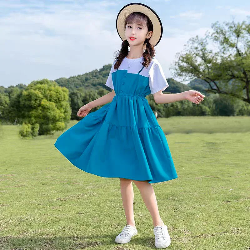 Kid clothing summer casual A-line dress new cute girl button up shirt faux two piece dress children\'s daily occasions clothing