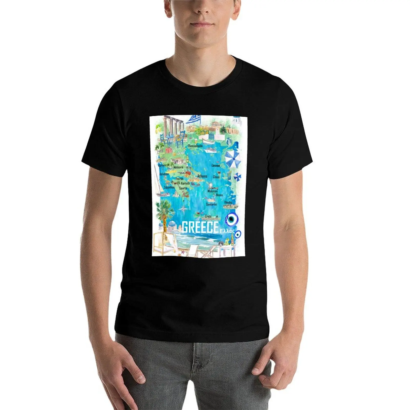 تي شيرت Aegean Adriatic يسلط الضوء على والطرق السياحية للسفر في اليونان في خريطة البحر الأبيض المتوسط المصور