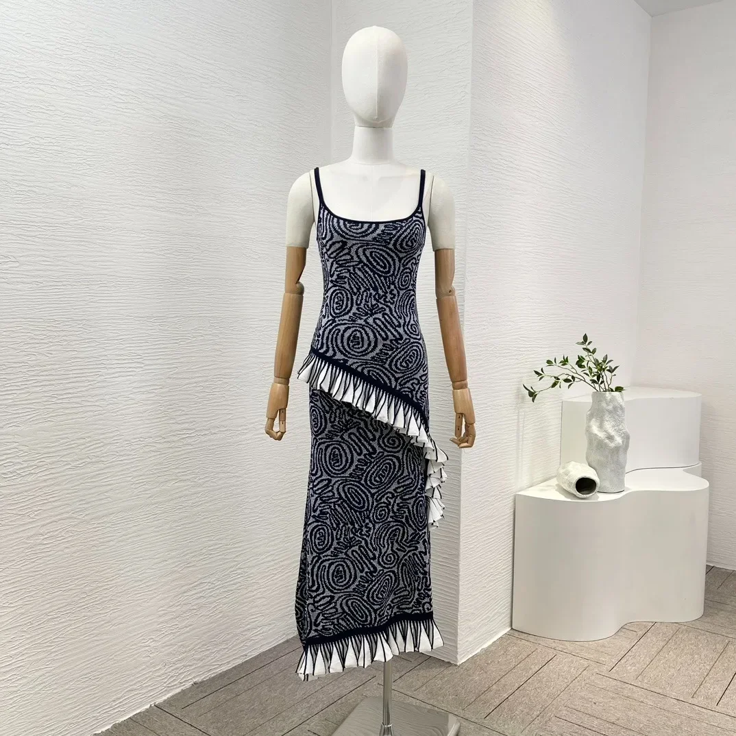 2024 New Women Casual Navy Blue Sleeveless Ruffles Knit Asymmetrical Hem Pullovers Tops Skirt Set