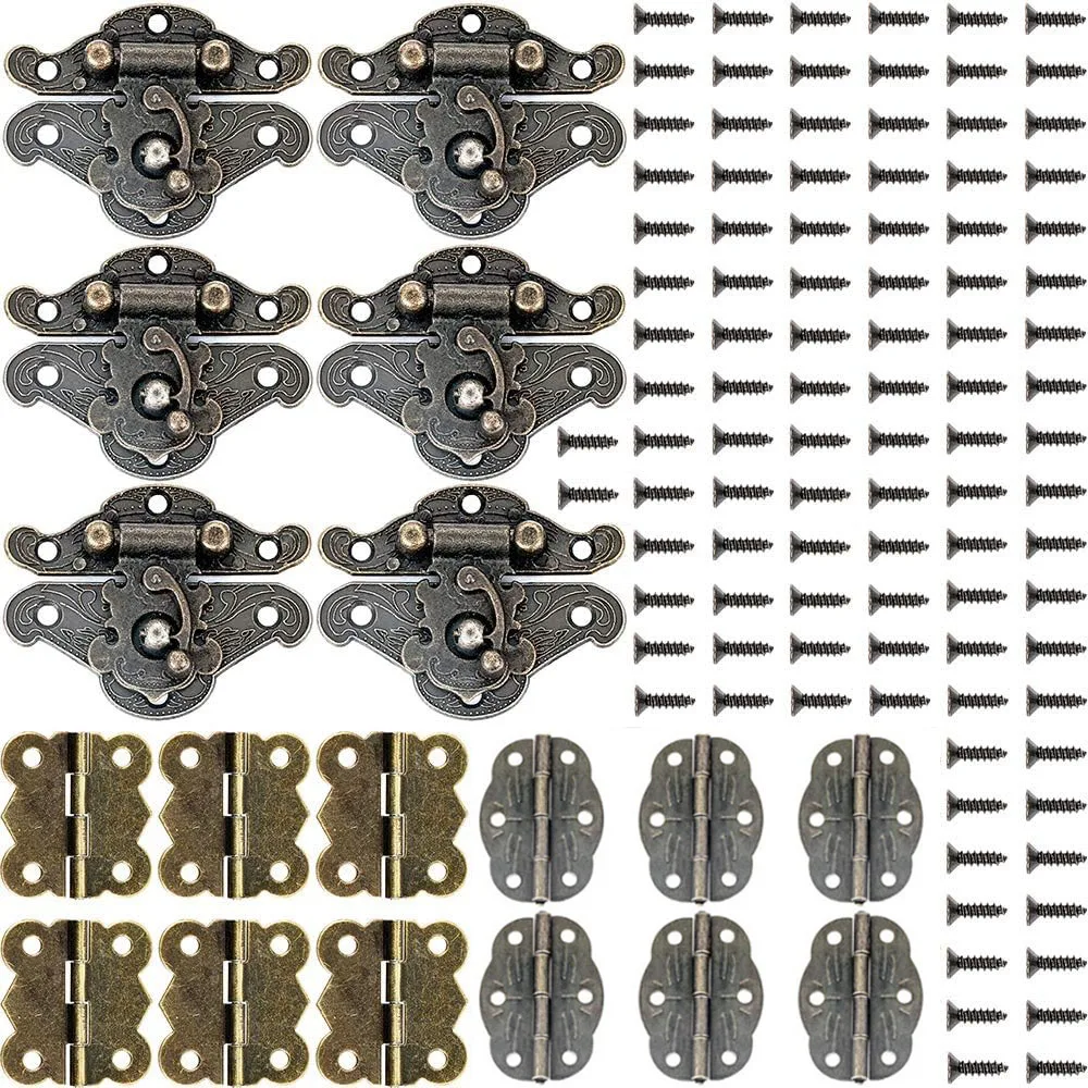 9pcs/kit Box Latch Hasp Clasp + Hinges w/screw Suitcase Cabinet Antique Bronze Jewelry Wooden Case Vintage Hardware Old Fashion