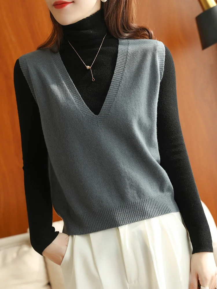 

Женский вязаный жилет из чистой шерсти с V-образным вырезом и подплечниками, свободный крой, для зимы, повседневный, цветной, бренд Qingdao